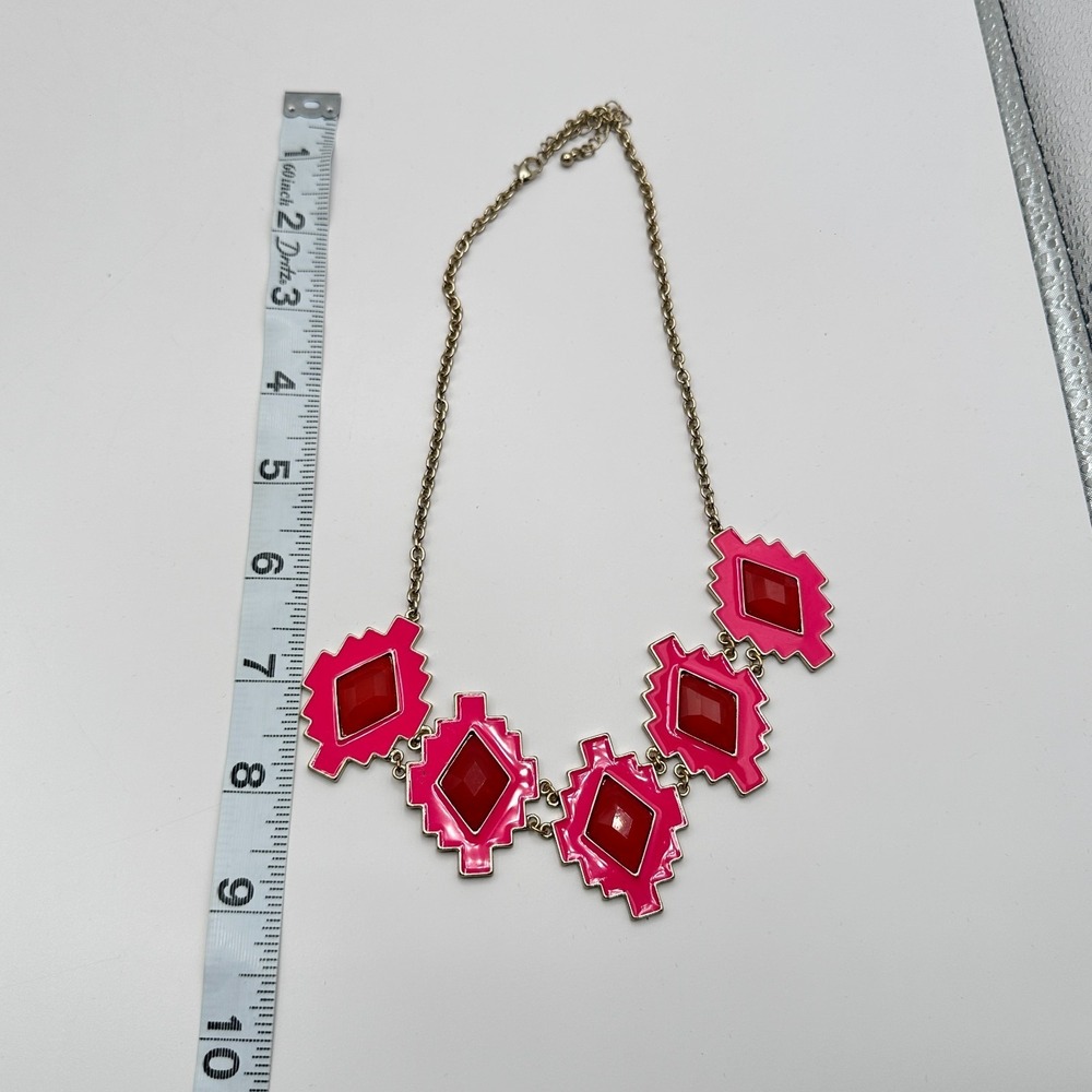 Vintage Y2K Pink Enamel Frames Red Glass Statement Necklace Gold Tone Jewelry - Picture 7 of 7